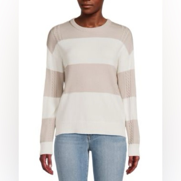 T Tahari Thick Stripe Colorblock Pullover Sweater White Beige Sz M - Picture 1 of 12